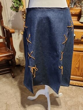 Dark Blue Denim Midi Skirt with Tan Lace-Up Accents